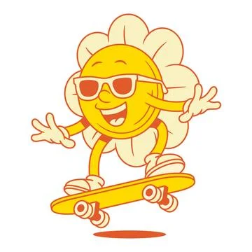 Comic hipster yellow flower chamomile cartoon character on skateboard conto.. Stock Illustration