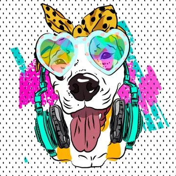 Comic image. Portrait of glamorous dog. Vector sketch for fashionable T-shirt Stock Illustration