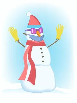 Comic installation. Snowman in protective glasses and medical respiratory mask. Illustrazione stock