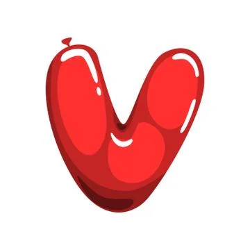 Comic letter V made of red glossy air balloon. Cartoon English alphabet font Stock Illustration
