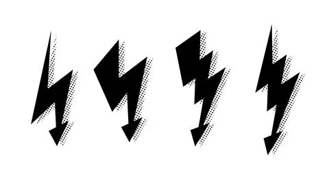Comic lightning bolt set. Black grunge thunderbolt collection. Halftone texture Illustrazione stock