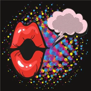 Comic lips exclamation Speech Bubble Pop Art On Dot black Background Vector Stock Illustration