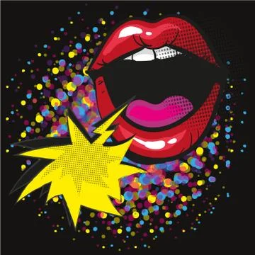 Comic lips shout Speech Bubble Pop Art On Dot black Background Vector Stock Illustration