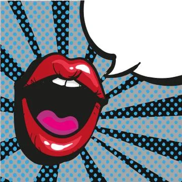 Comic lips shout Speech Bubble Pop Art On Dot black Background Vector Stock Illustration