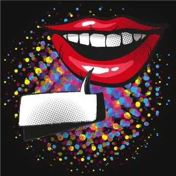 Comic lips smile Speech Bubble Pop Art On Dot black Background Vector Stock Illustration