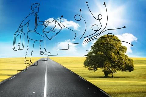 Comic man climbing stairs over road Stock Illustration