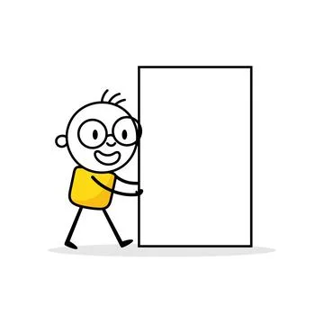 Comic man pushing a blank banner on white background. Hand drawn doodle boy.. Stock Illustration