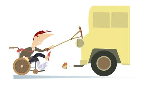 Comic man rides on the wheelchair Stock Illustration
