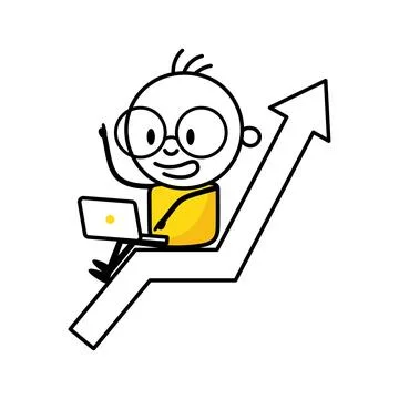 Comic man sitting on arrow with laptop. Profit growth, economic uptrend or .. Stock Illustration