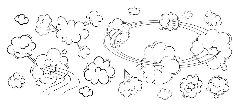 Comic motion effect, clouds speed way, trail set fast wind swirl, puff poof Stock Illustration