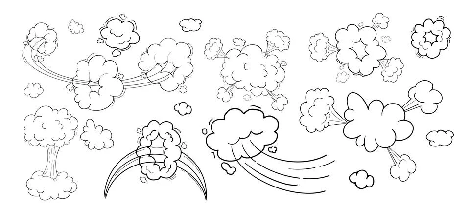 Comic motion effect, clouds speed way, trail set fast wind swirl, puff poof Stock Illustration