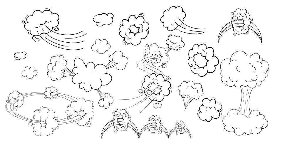 Comic motion effect, clouds speed way, trail set fast wind swirl, puff poof Illustrazione stock