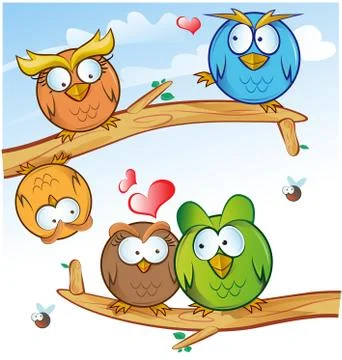 Comic owl group cartoon on tree Stock-Illustration