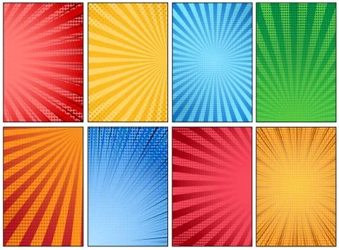 Comic page frame. Funny superhero comics book empty pages with radial lines o Illustrazione stock