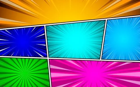 Comic page frames. Blank superhero comic book pages with radial or striped .. Illustrazione stock