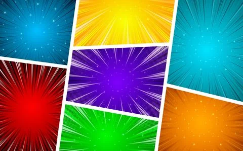Comic page frames. Blank superhero comic book pages with radial or striped .. 스톡 일러스트