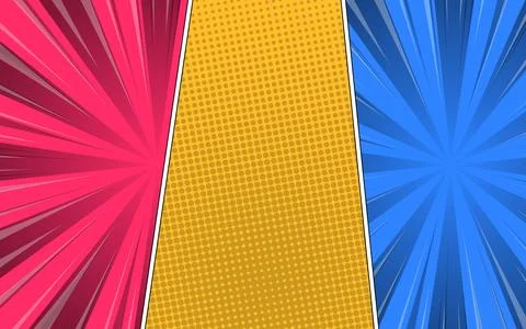 Comic page frames. Blank superhero comic book pages with radial or striped .. Stock Illustration