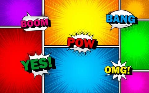 Comic page layout. Comic scrapbook page with speech bubbles or explosions, .. Stock Illustration