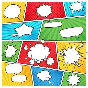 Comic page layout. Funny comics striped scrapbook page with smoke clouds an.. Stock Illustration