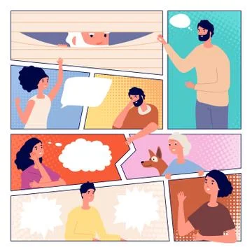Comic page. People communication, comics poster design. Man woman and speech Stock Illustration
