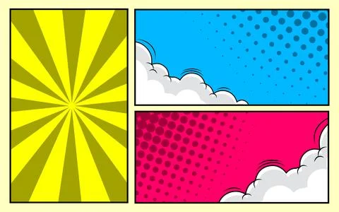 Comic page template with rays, radial, halftone, and dot effects in various.. Illustrazione stock