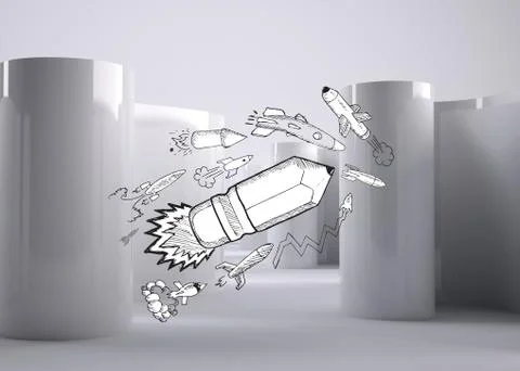 Comic pencil rocket on abstract grey background Stockillustratie
