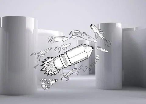 Comic pencil rocket on abstract grey background Illustrazione stock