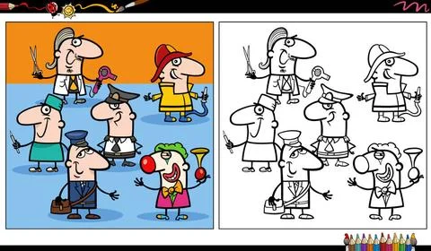 Comic people of different occupations group coloring page Cartoon illustra... Stock Photos