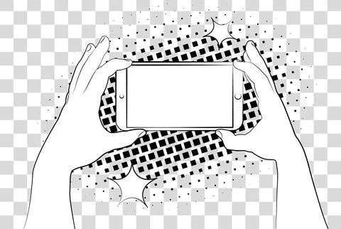 Comic phablet with halftone shadows. Hand holding smartphone. Vector illustra Stock Illustration
