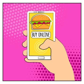 Comic phone with halftone shadows and Hamburger. Hand holding smartphone wi.. Stock-Illustration
