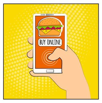 Comic phone with halftone shadows and Hamburger. Hand holding smartphone wi.. Illustrazione stock