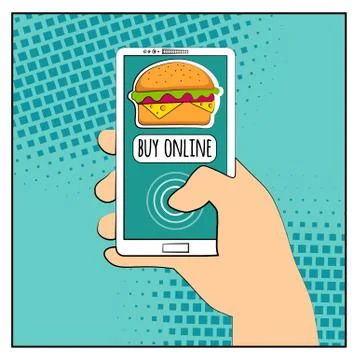 Comic phone with halftone shadows and Hamburger. Hand holding smartphone wi.. Stock-Illustration