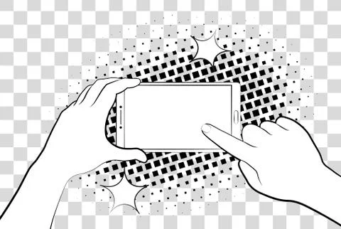 Comic phone with halftone shadows. Hand holding smartphone. Sign in page on Illustrazione stock