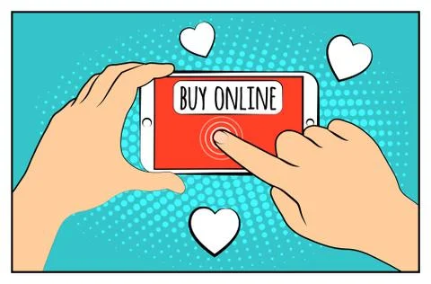 Comic phone with halftone shadows. Hand holding smartphone with buy online .. Illustrazione stock