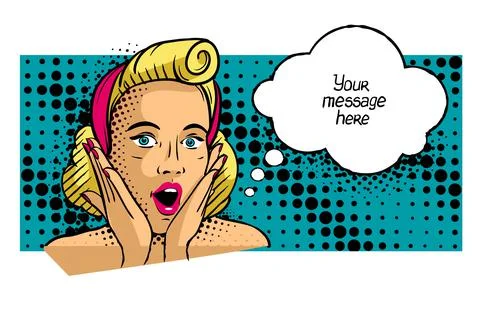 Comic Pin-up Girl message cloud. Pop Art poster speech bubble. Vector. Stock Illustration
