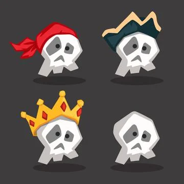 Comic pirate skull with hat and crown. Funny cartoon icons. Casual game art Stock Illustration