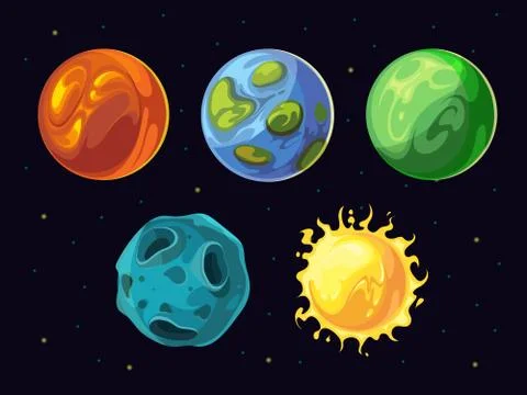 Comic planets and stars vector set for space computer game user interface Illustrazione stock