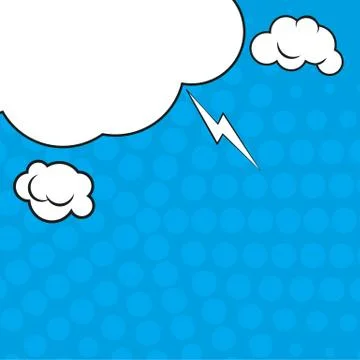 Comic pop art blue background with halftone shadows and clouds beams. Vector Illustrazione stock
