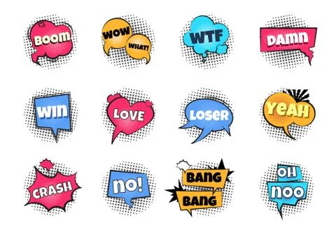 Comic pop art bubbles. Cartoon text balloon wow explosion sticker fun speech Illustrazione stock