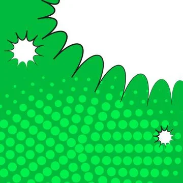 Comic pop art green background with halftone shadows and clouds beams. Vector Illustrazione stock