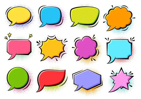 Comic pop art speech bubbles halftone retro frames Stock Illustration