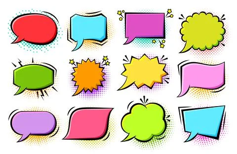 Comic pop art speech bubbles halftone retro frames Stock Illustration