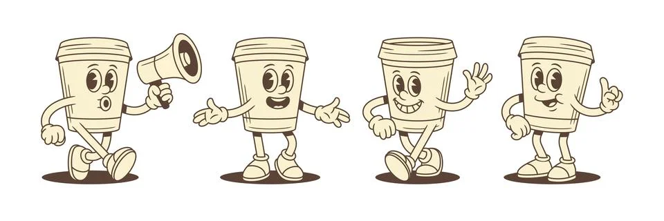 Comic positive coffee paper cup cartoon character set contoured vector flat i Stock Illustration
