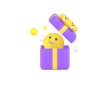 Comic present open festive gift box with smiley emoji 3d icon realistic vec.. Stock Illustration