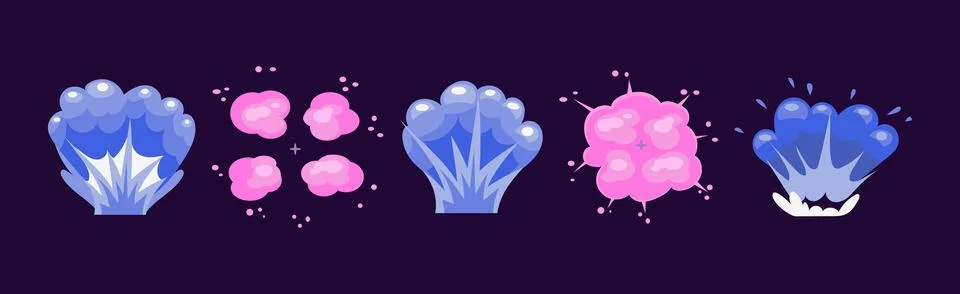 Comic Purple Explosion or Burst and Boom Effect Vector Set Stock Illustration