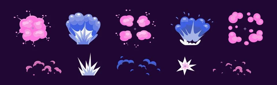 Comic Purple Explosion or Burst and Boom Effect Vector Set Stock Illustration