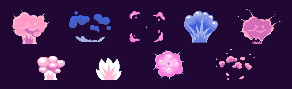 Comic Purple Explosion or Burst and Boom Effect Vector Set Illustrazione stock
