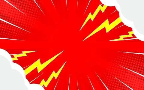Comic red design background with lightning decoration behind the clouds Stock Illustration