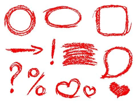 Comic red design elements set. Crayon chalk hand drawn frame, heart, bubble Illustrazione stock