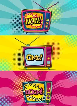 Comic retro tv set on halftone and dots backdrop. Vector colorful background in Stockillustratie